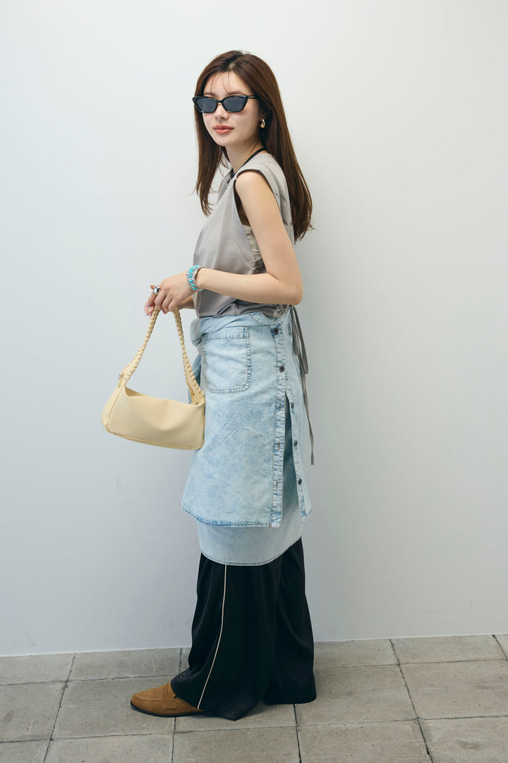 [予約/SET]バックオープンフォトT+サイドラインサテンパンツ+デニムライクシャツ(3set)