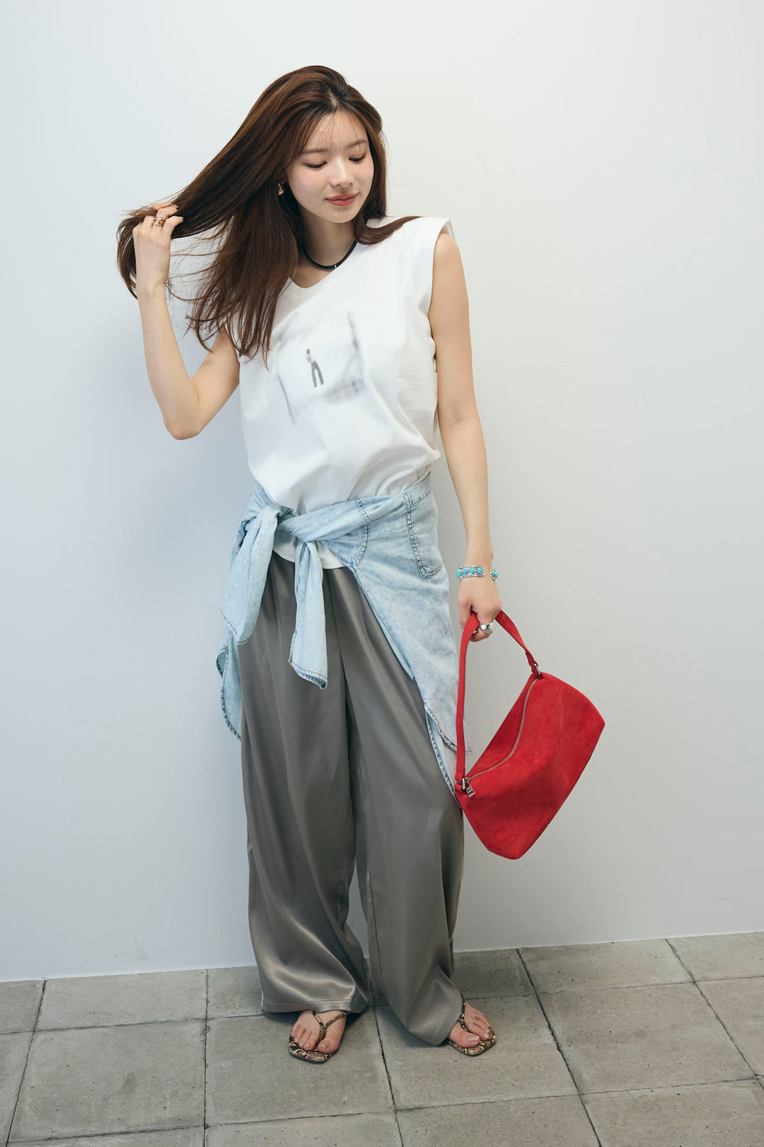 [予約/SET]バックオープンフォトT+サイドラインサテンパンツ+デニムライクシャツ(3set)