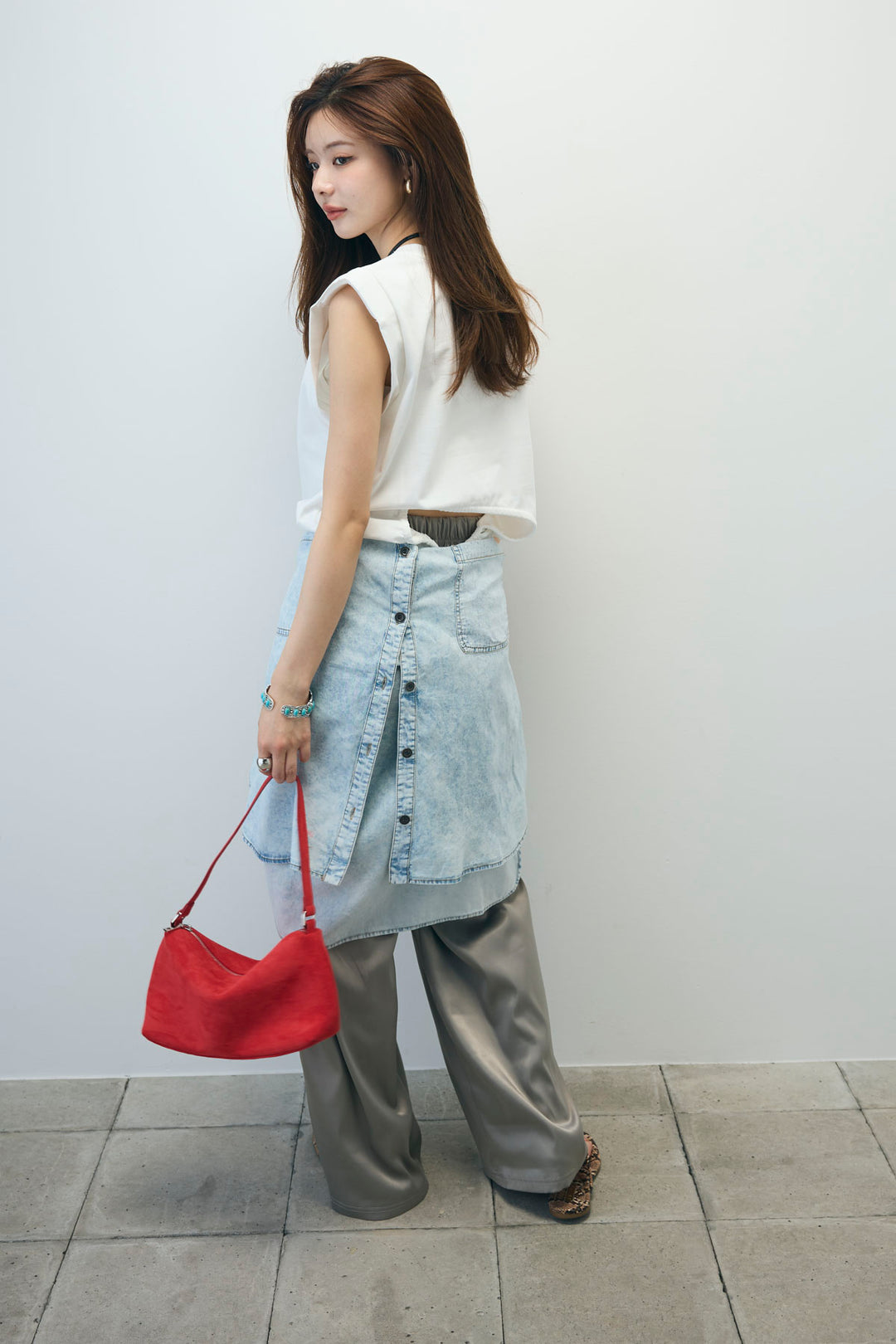 [予約/SET]バックオープンフォトT+サイドラインサテンパンツ+デニムライクシャツ(3set)