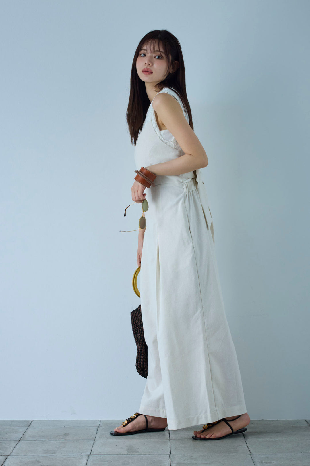 [予約/SET]フロントボタンPO+リネンミックスキャミサロペット(2set)