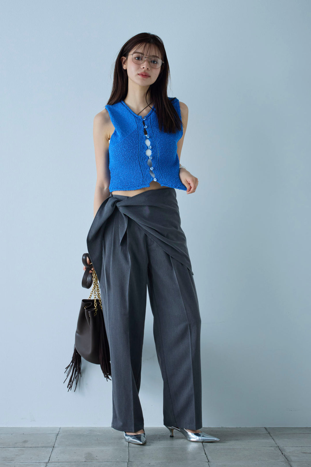 [予約/SET]フロントボタンPO+スカーフ付きタックパンツ(2set)