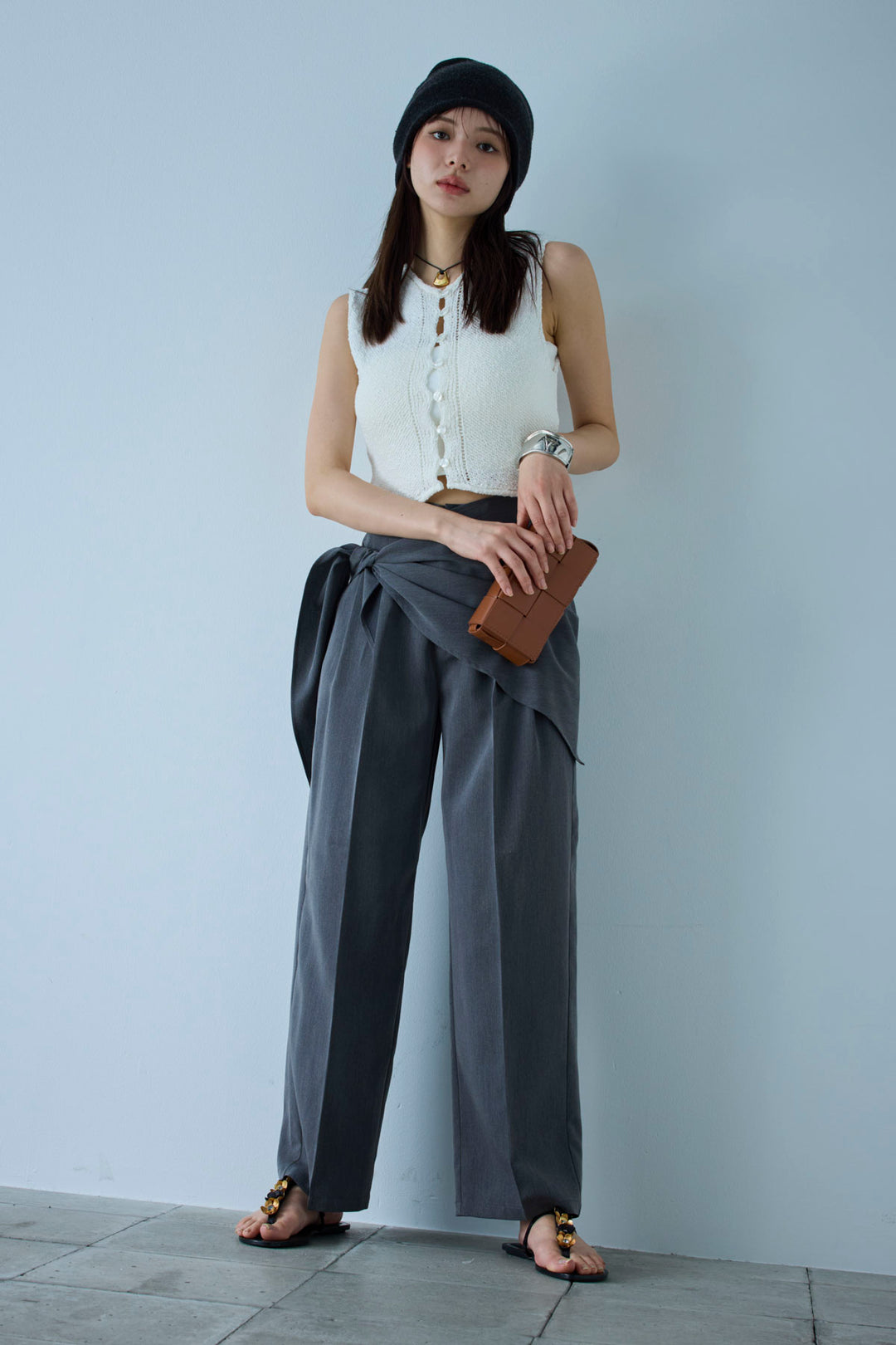 [予約/SET]フロントボタンPO+スカーフ付きタックパンツ(2set)