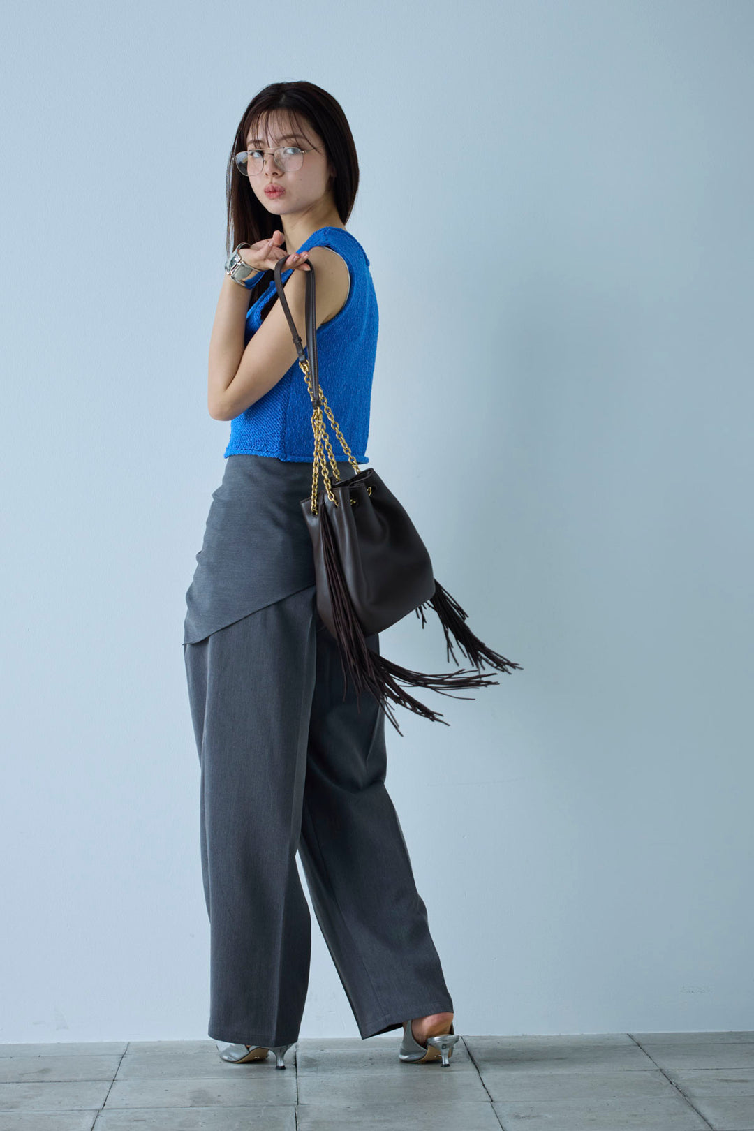 [予約/SET]フロントボタンPO+スカーフ付きタックパンツ(2set)