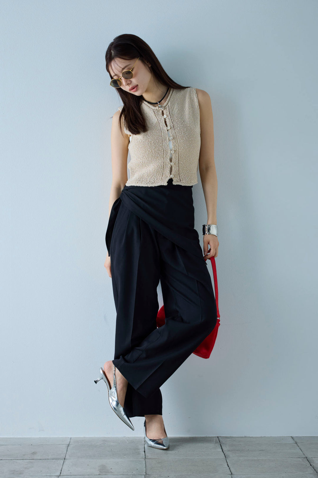 [予約/SET]フロントボタンPO+スカーフ付きタックパンツ(2set)