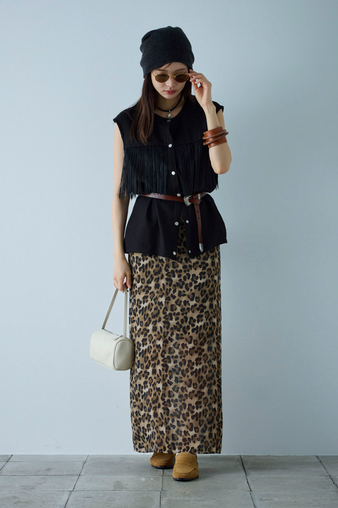 [予約/SET]フリンジデザインノースリーブ+レオパードシアースカート(2set)