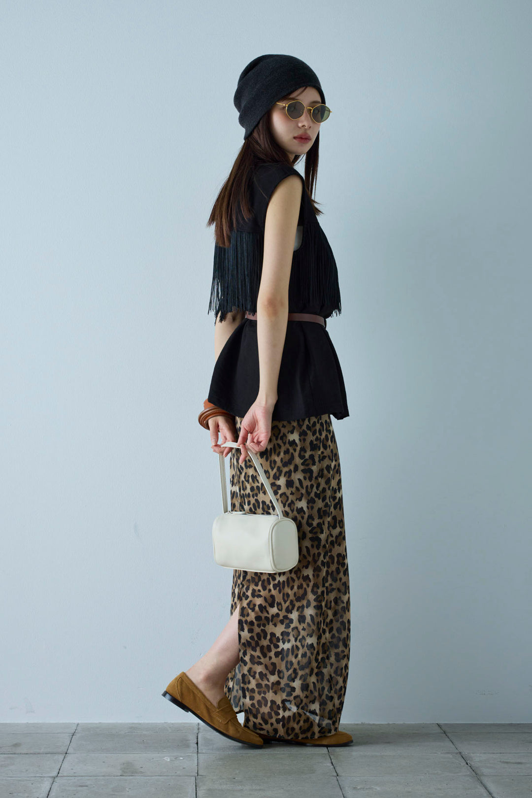 [予約/SET]フリンジデザインノースリーブ+レオパードシアースカート(2set)