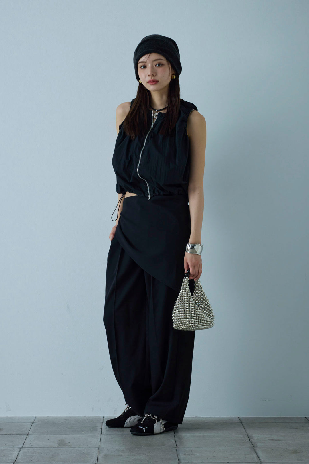 [予約/SET]C/Nタフタギャザークロップドベスト+スカーフ付きタックパンツ(2set)