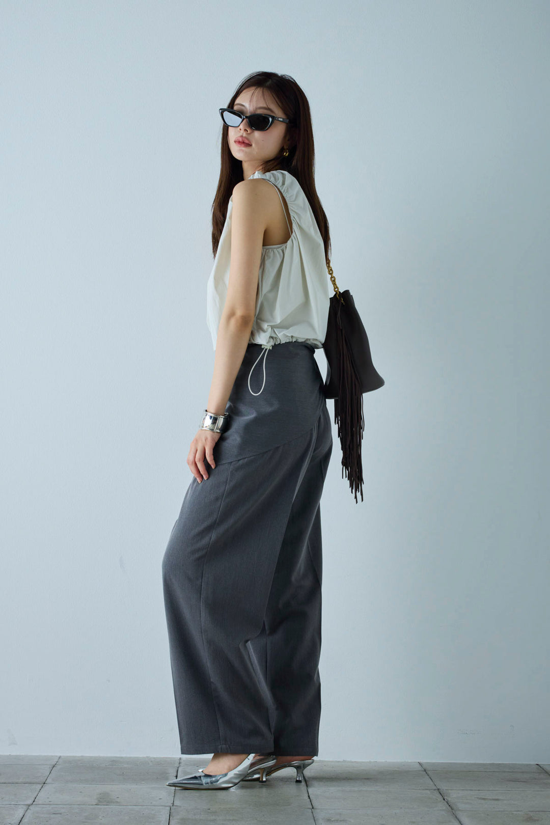 [予約/SET]C/Nタフタギャザークロップドベスト+スカーフ付きタックパンツ(2set)