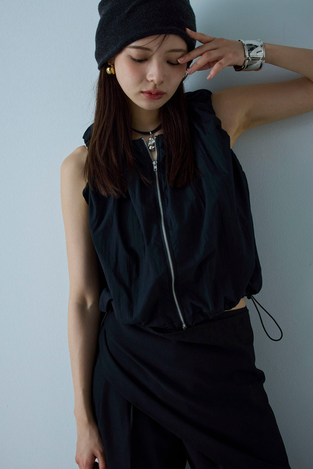 [予約/SET]C/Nタフタギャザークロップドベスト+スカーフ付きタックパンツ(2set)