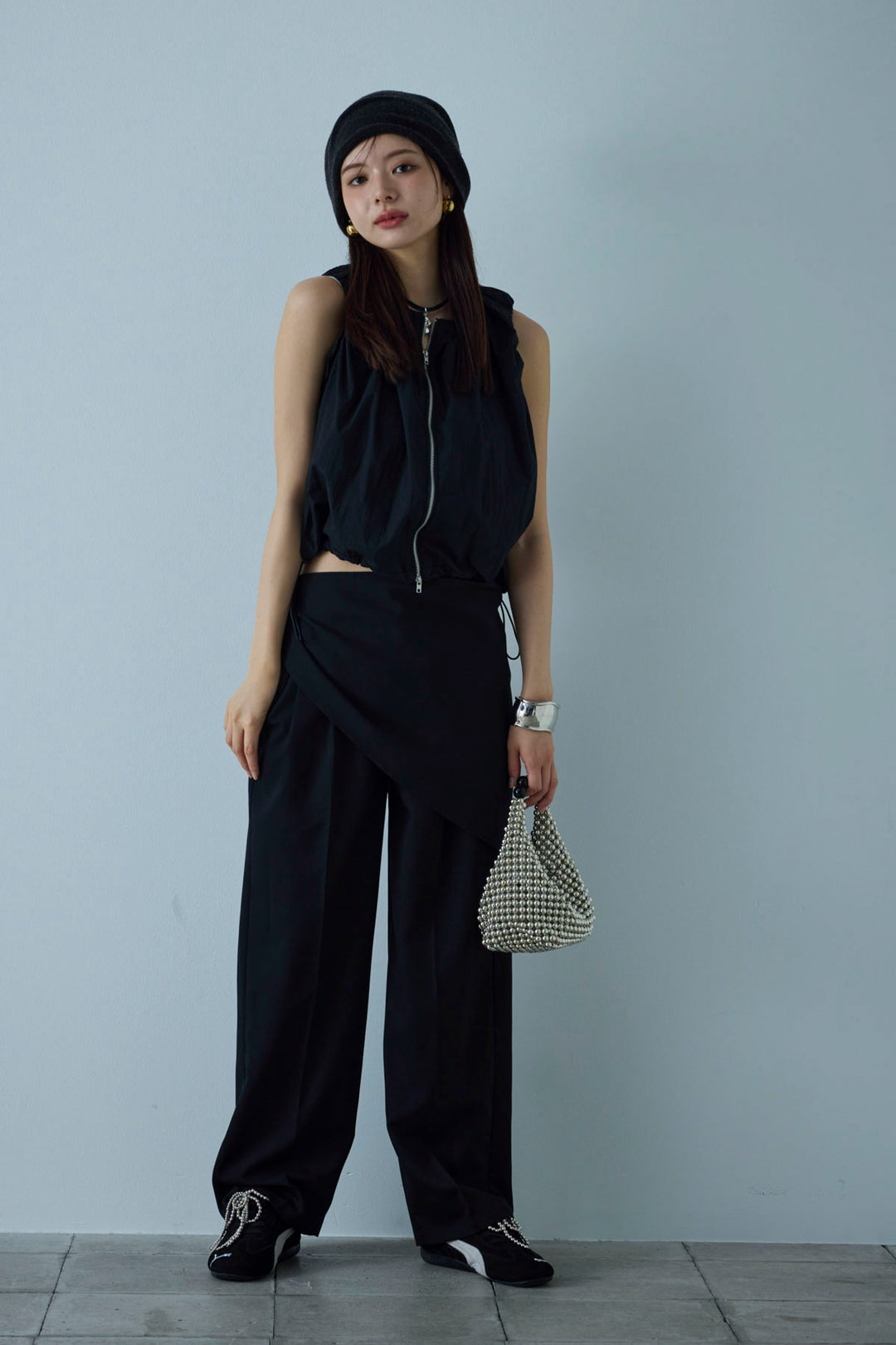 [予約/SET]C/Nタフタギャザークロップドベスト+スカーフ付きタックパンツ(2set)