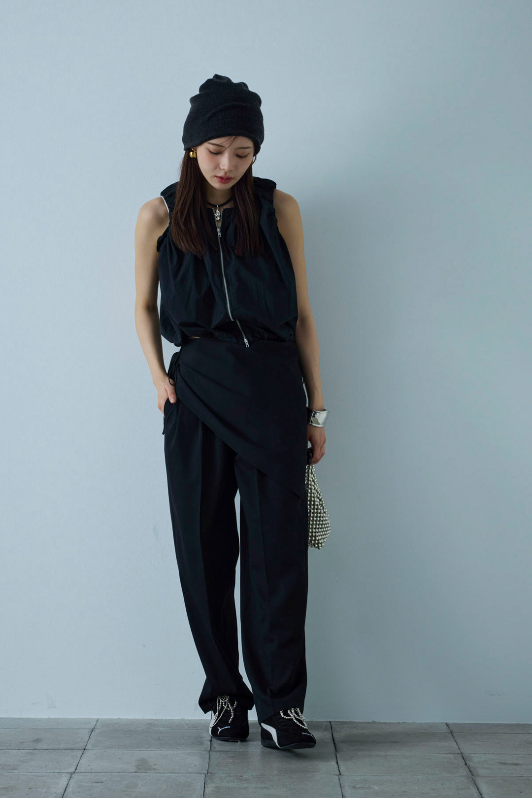 [予約/SET]C/Nタフタギャザークロップドベスト+スカーフ付きタックパンツ(2set)