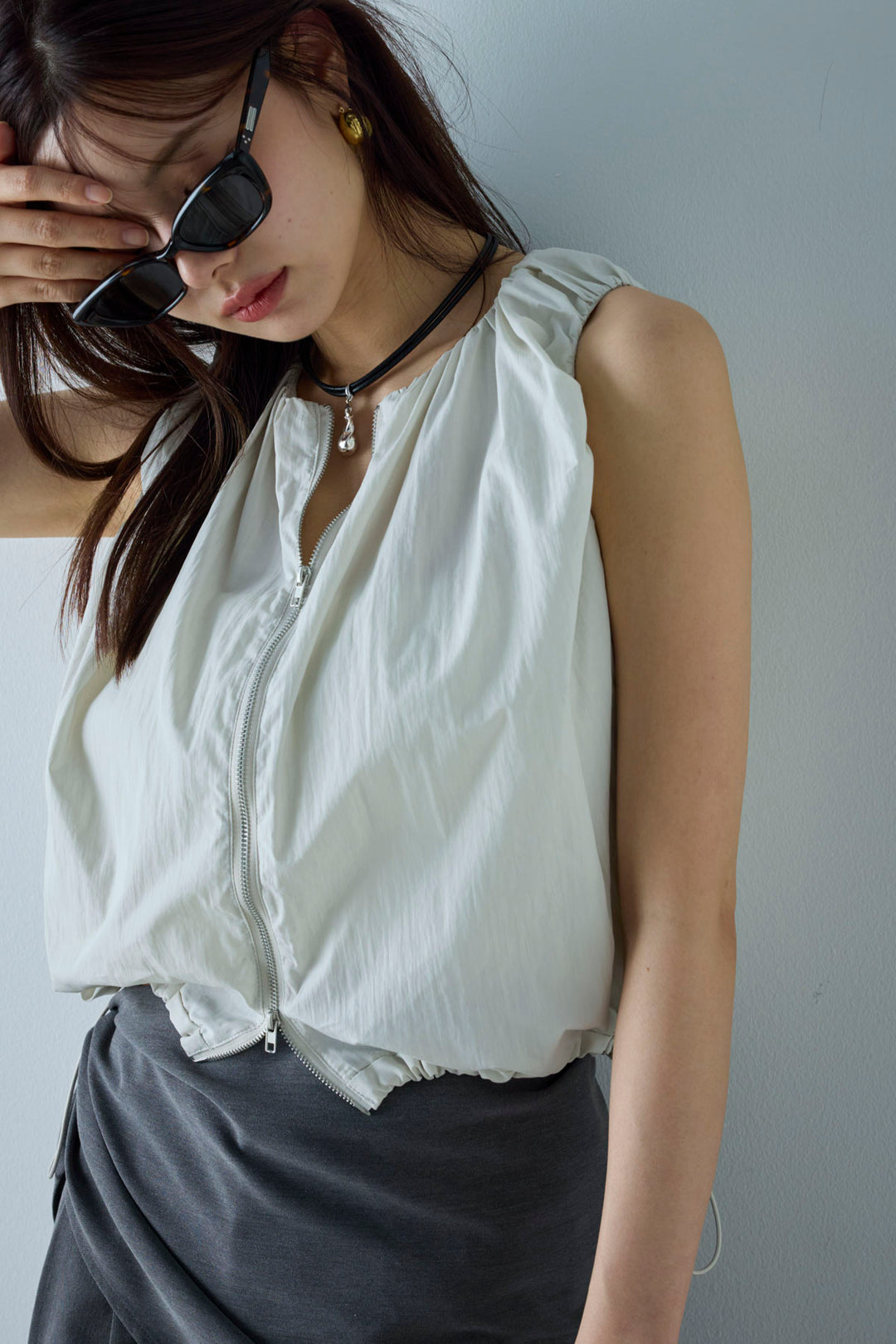 [予約/SET]C/Nタフタギャザークロップドベスト+スカーフ付きタックパンツ(2set)