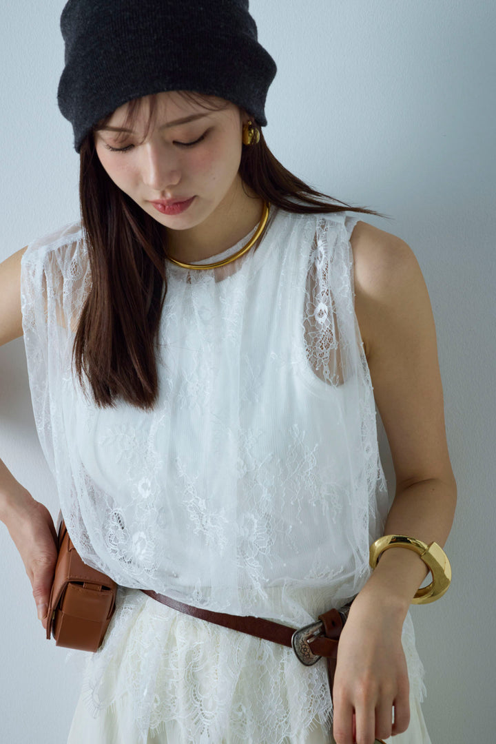 [予約/SET]レースブラウス+かすれシアーイージーパンツ(2set)