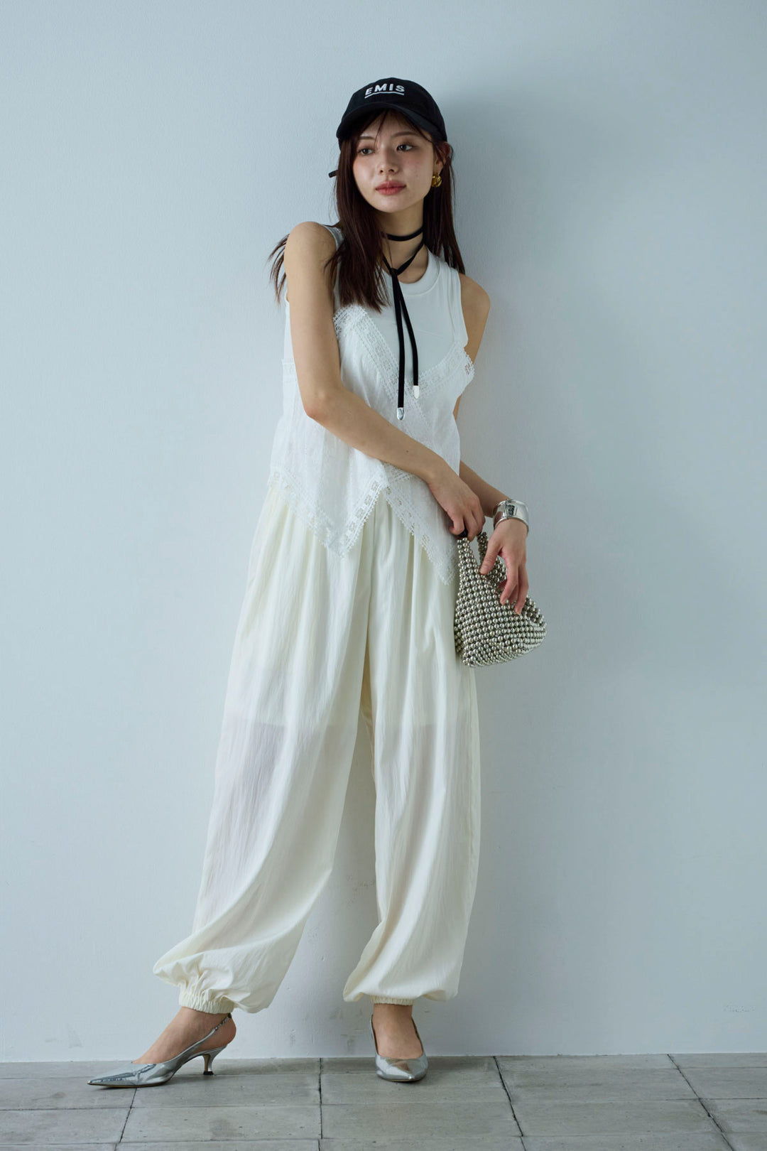 [予約/SET]トーションレースコットンキャミ+かすれシアーイージーパンツ(2set)