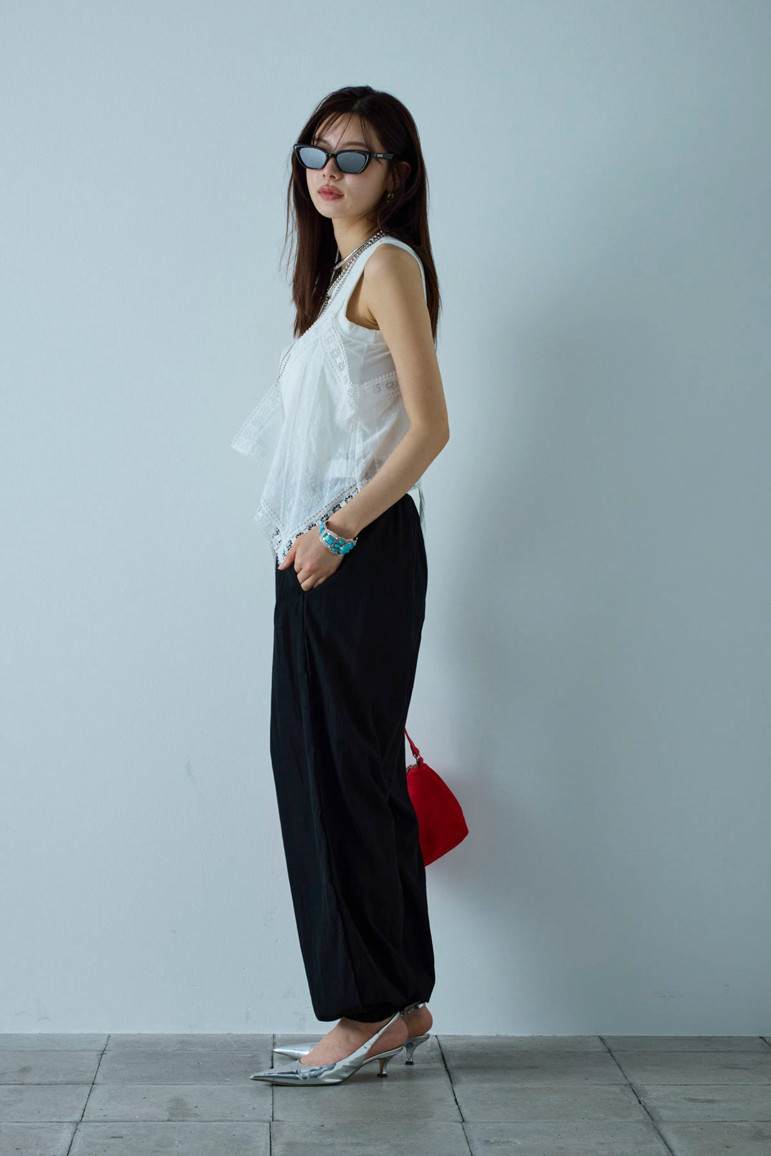 [予約/SET]トーションレースコットンキャミ+かすれシアーイージーパンツ(2set)