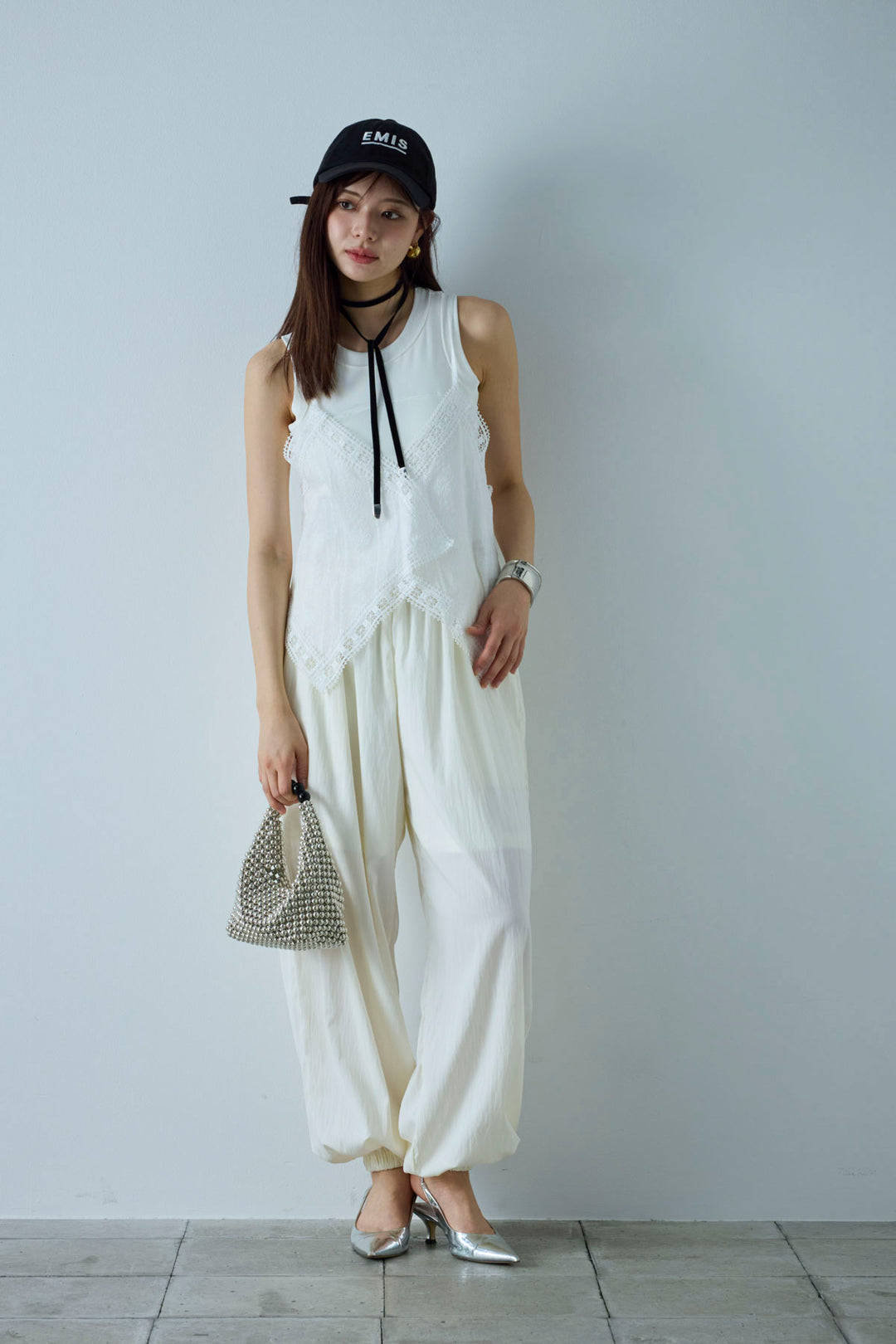 [予約/SET]トーションレースコットンキャミ+かすれシアーイージーパンツ(2set)