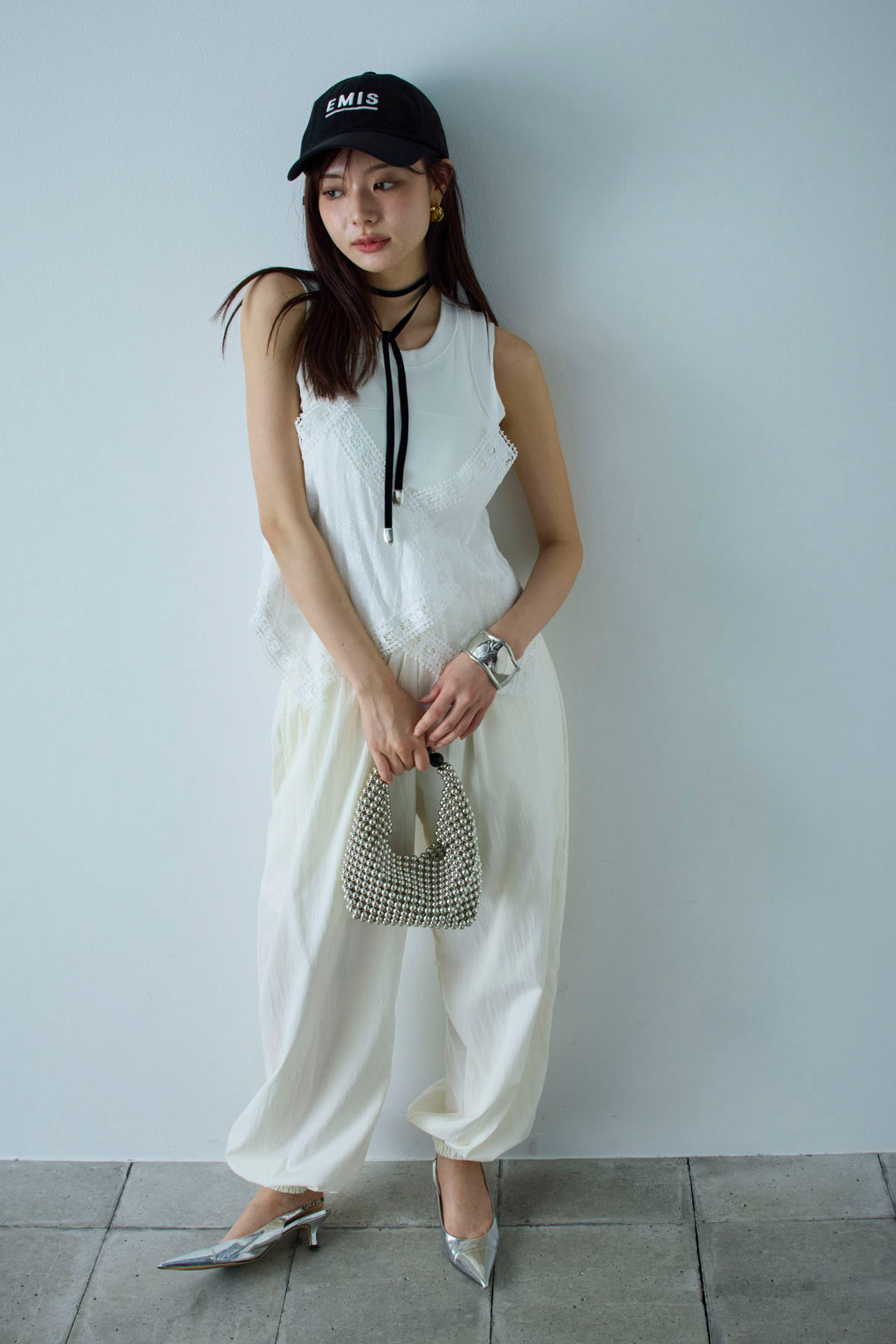 [予約/SET]トーションレースコットンキャミ+かすれシアーイージーパンツ(2set)