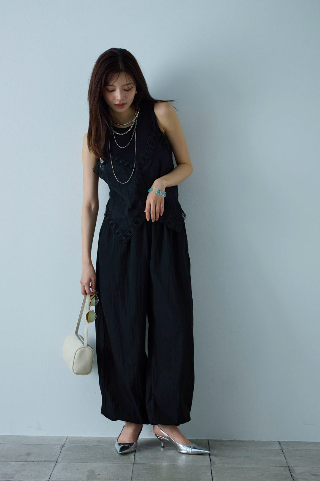 [予約/SET]トーションレースコットンキャミ+かすれシアーイージーパンツ(2set)