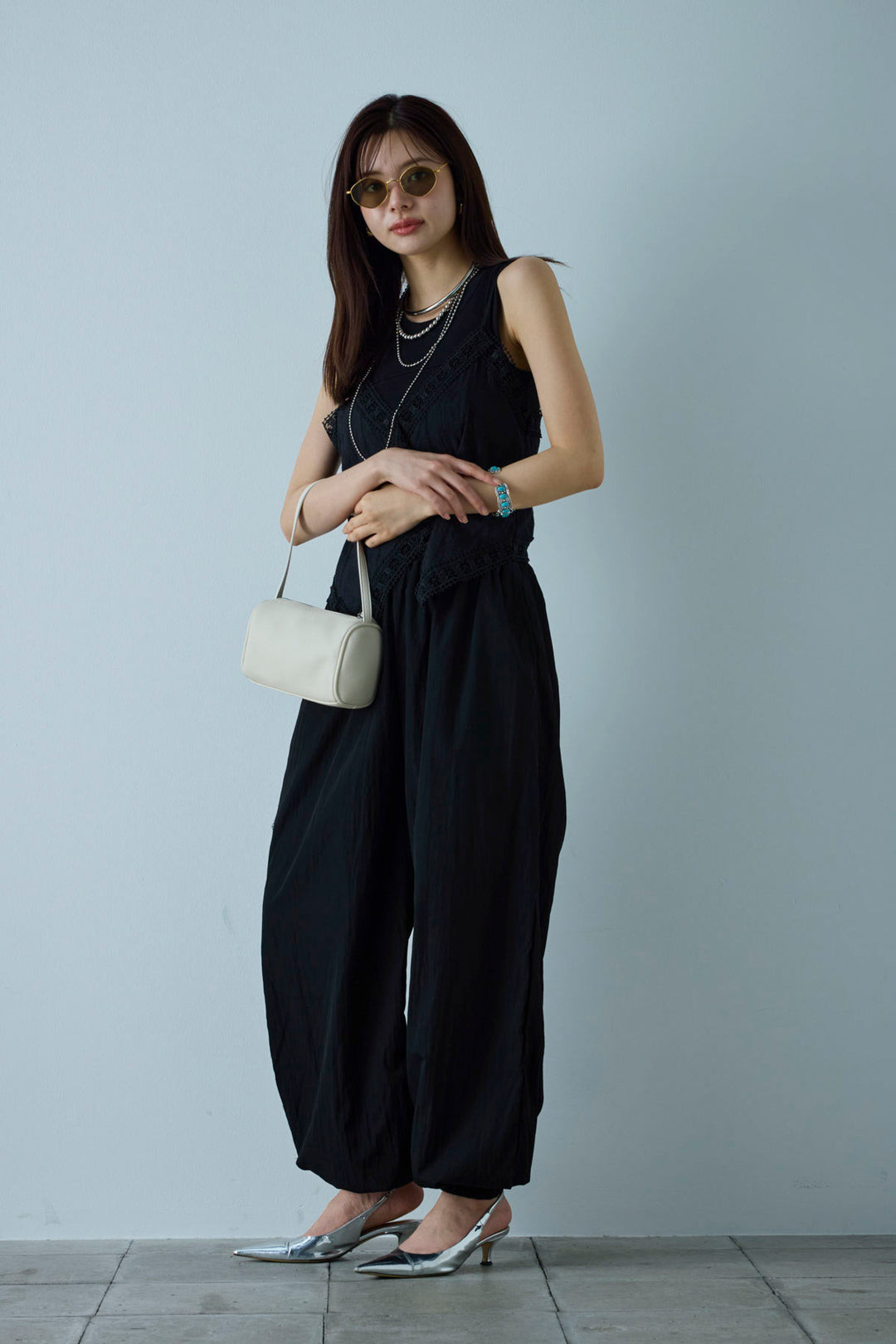 [予約/SET]トーションレースコットンキャミ+かすれシアーイージーパンツ(2set)