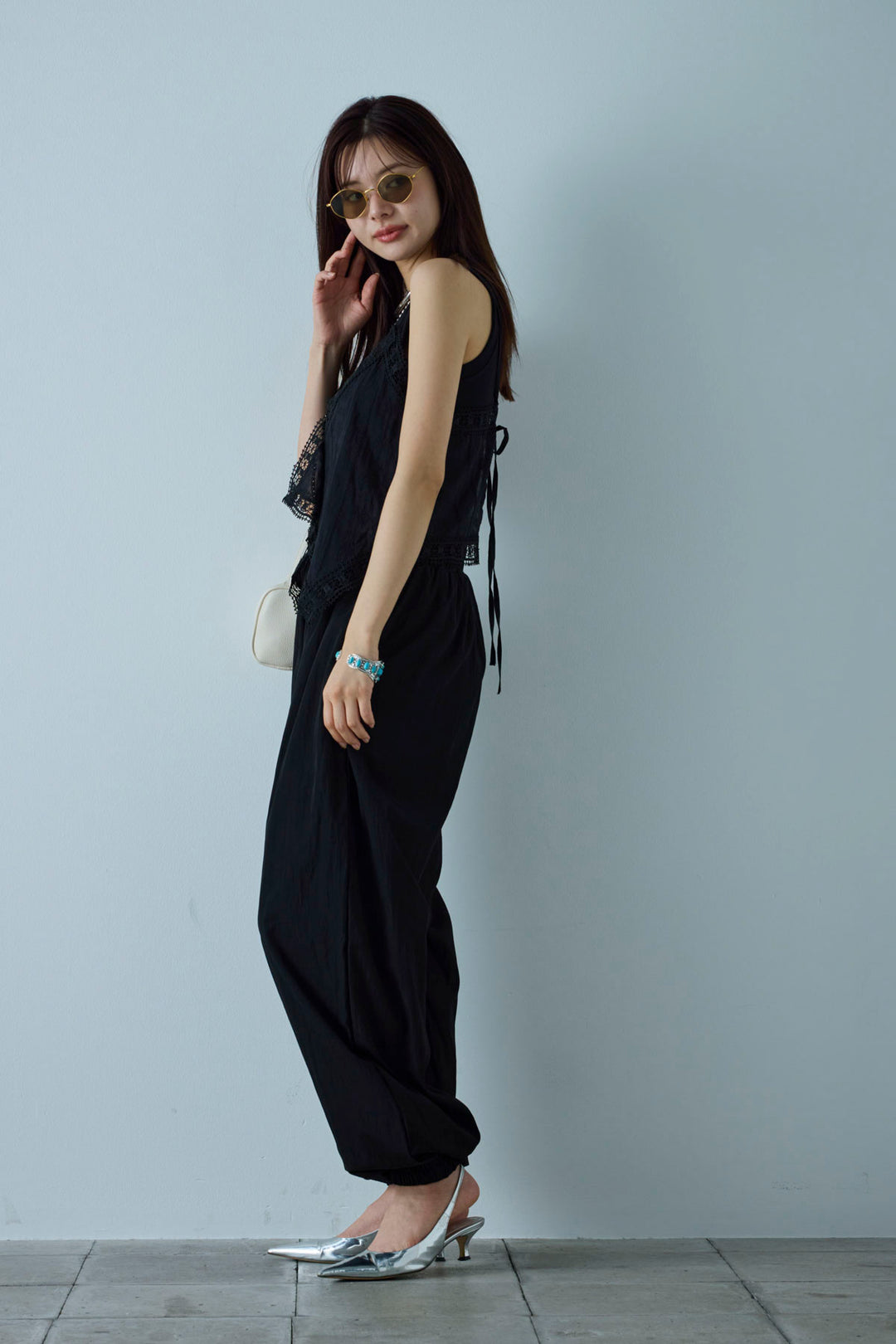 [予約/SET]トーションレースコットンキャミ+かすれシアーイージーパンツ(2set)