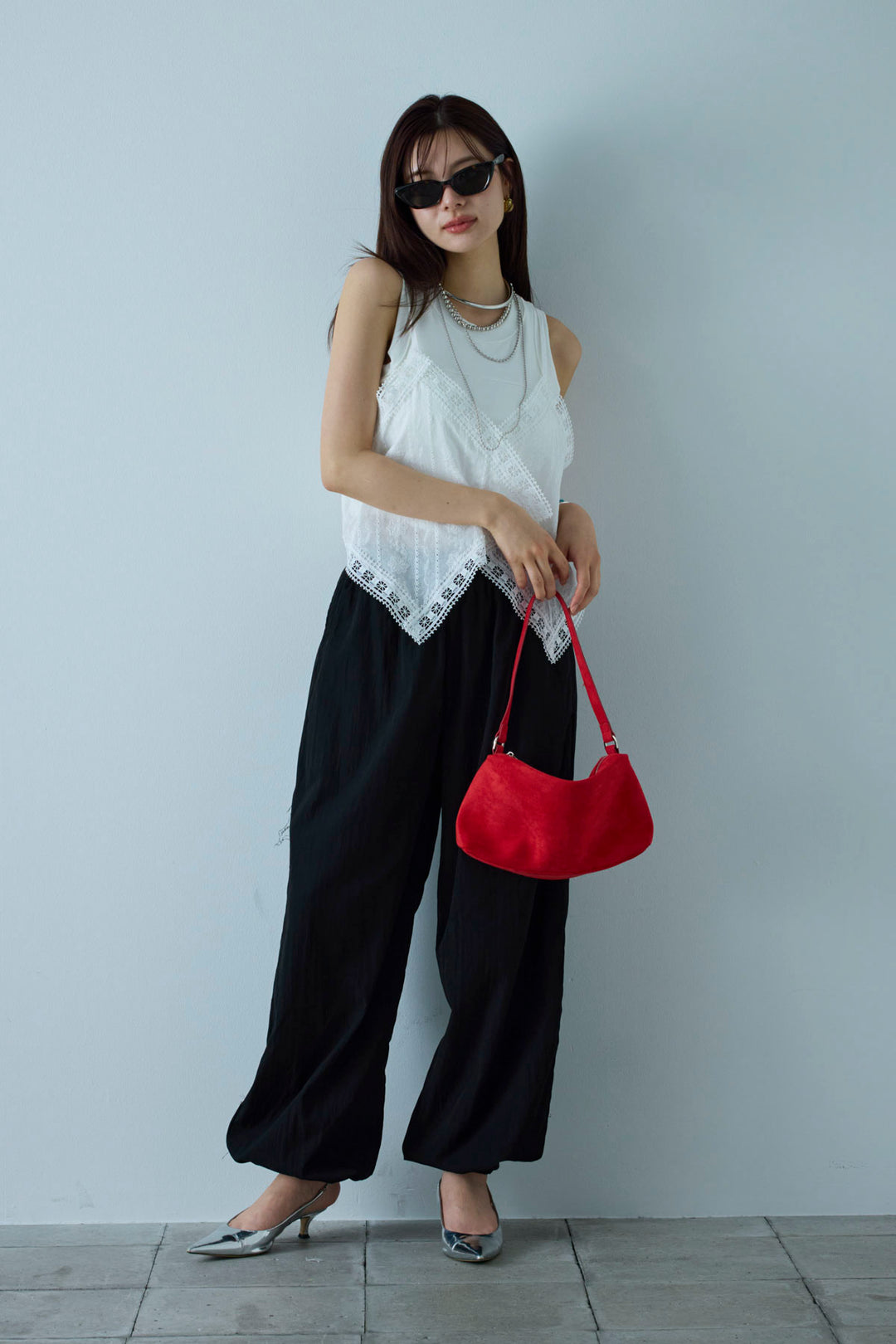 [予約/SET]トーションレースコットンキャミ+かすれシアーイージーパンツ(2set)