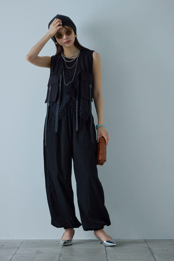 [予約/SET]デザインポケットベスト+トーションレースコットンキャミ+リブ切り替えタンクトップ+かすれシアーイージーパンツ(4set)