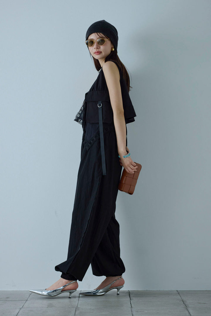 [予約/SET]デザインポケットベスト+トーションレースコットンキャミ+リブ切り替えタンクトップ+かすれシアーイージーパンツ(4set)