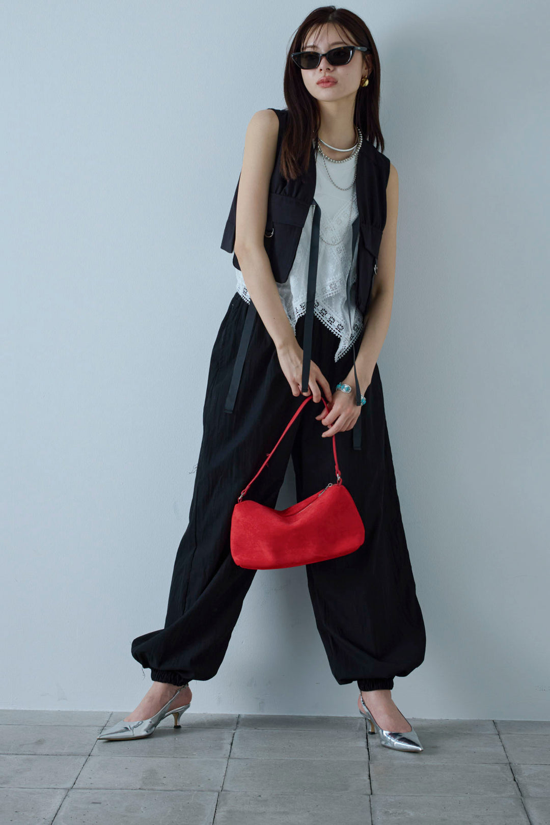 [予約/SET]トーションレースコットンキャミ+デザインポケットベスト+かすれシアーイージーパンツ(3set)