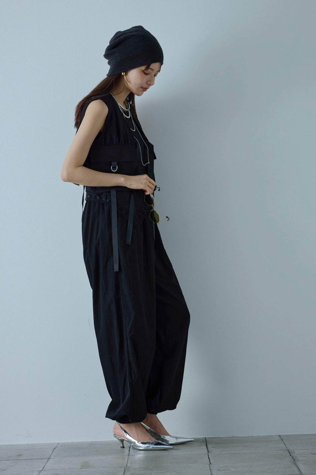 [予約/SET]デザインポケットベスト+トーションレースコットンキャミ+リブ切り替えタンクトップ+かすれシアーイージーパンツ(4set)