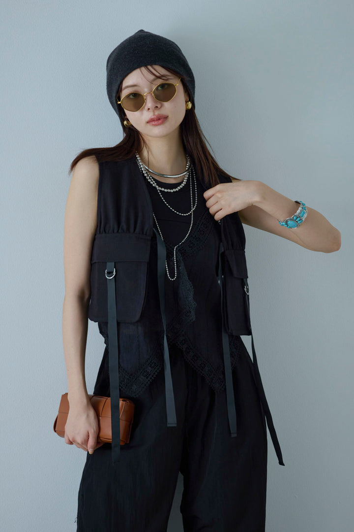 [予約/SET]デザインポケットベスト+トーションレースコットンキャミ+リブ切り替えタンクトップ+かすれシアーイージーパンツ(4set)