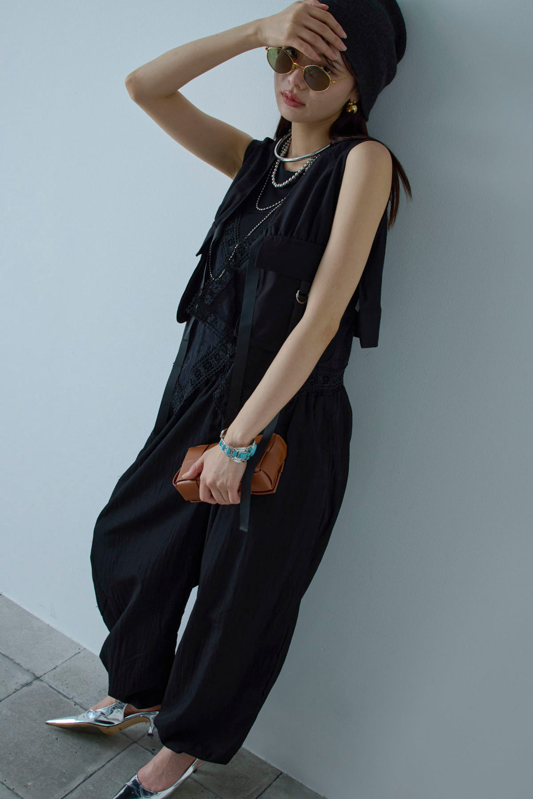 [予約/SET]デザインポケットベスト+トーションレースコットンキャミ+リブ切り替えタンクトップ+かすれシアーイージーパンツ(4set)