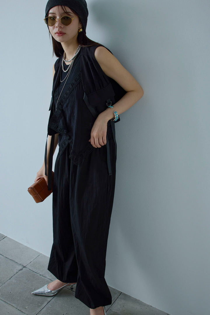 [予約/SET]デザインポケットベスト+トーションレースコットンキャミ+リブ切り替えタンクトップ+かすれシアーイージーパンツ(4set)