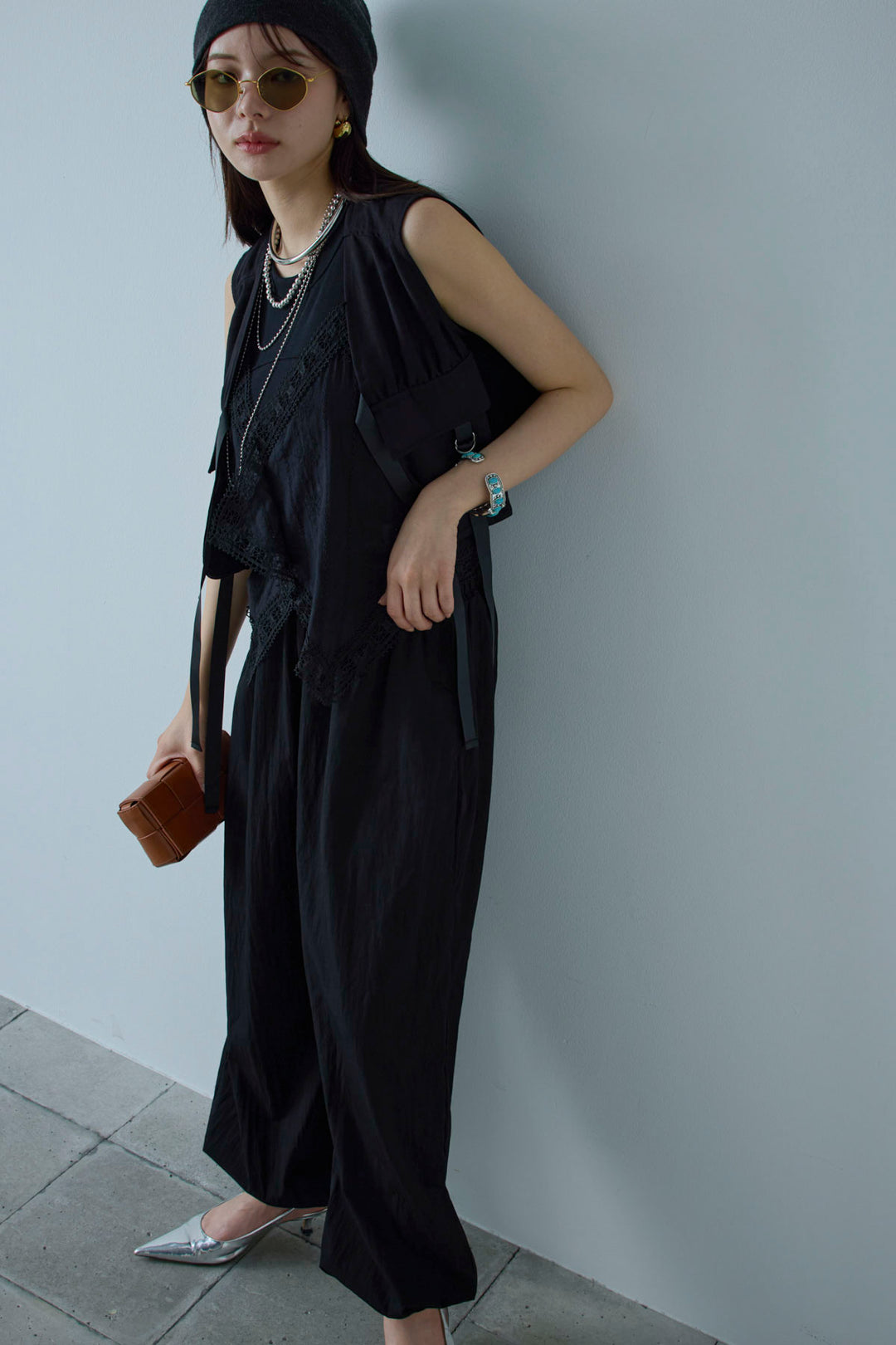 [予約/SET]トーションレースコットンキャミ+デザインポケットベスト+かすれシアーイージーパンツ(3set)