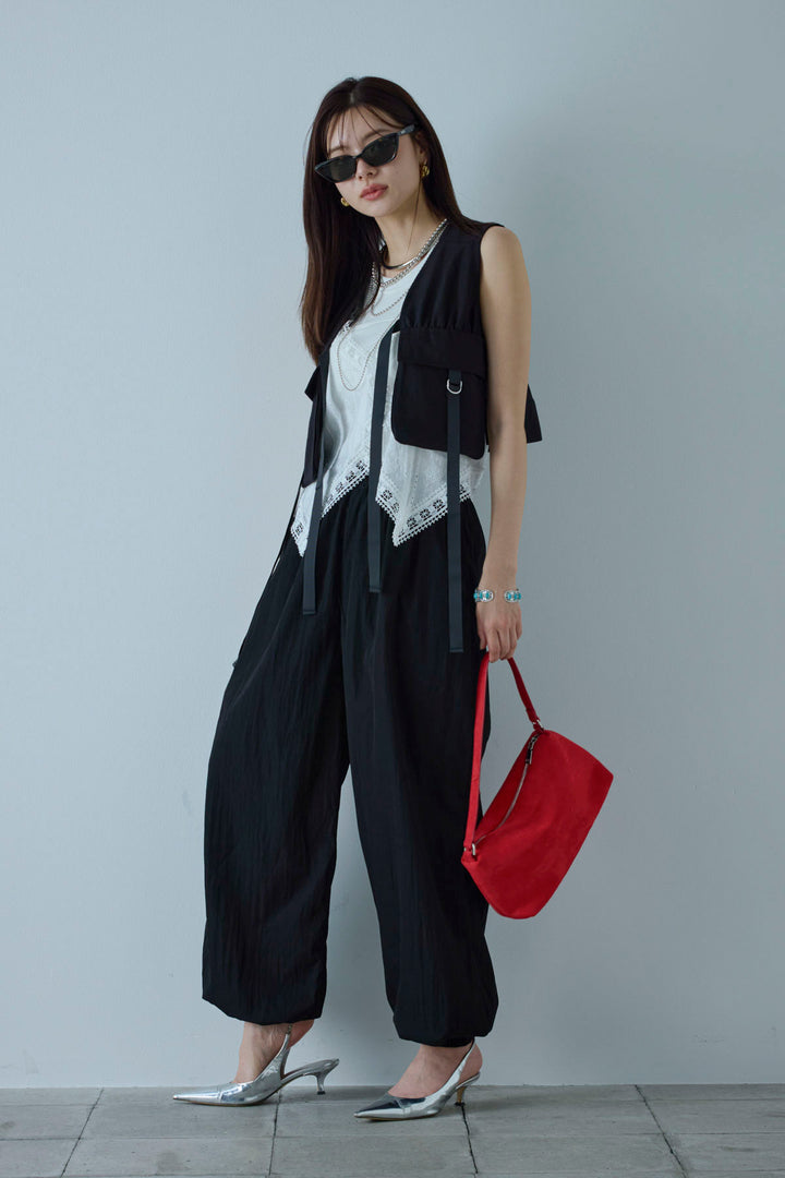 [予約/SET]トーションレースコットンキャミ+デザインポケットベスト+かすれシアーイージーパンツ(3set)