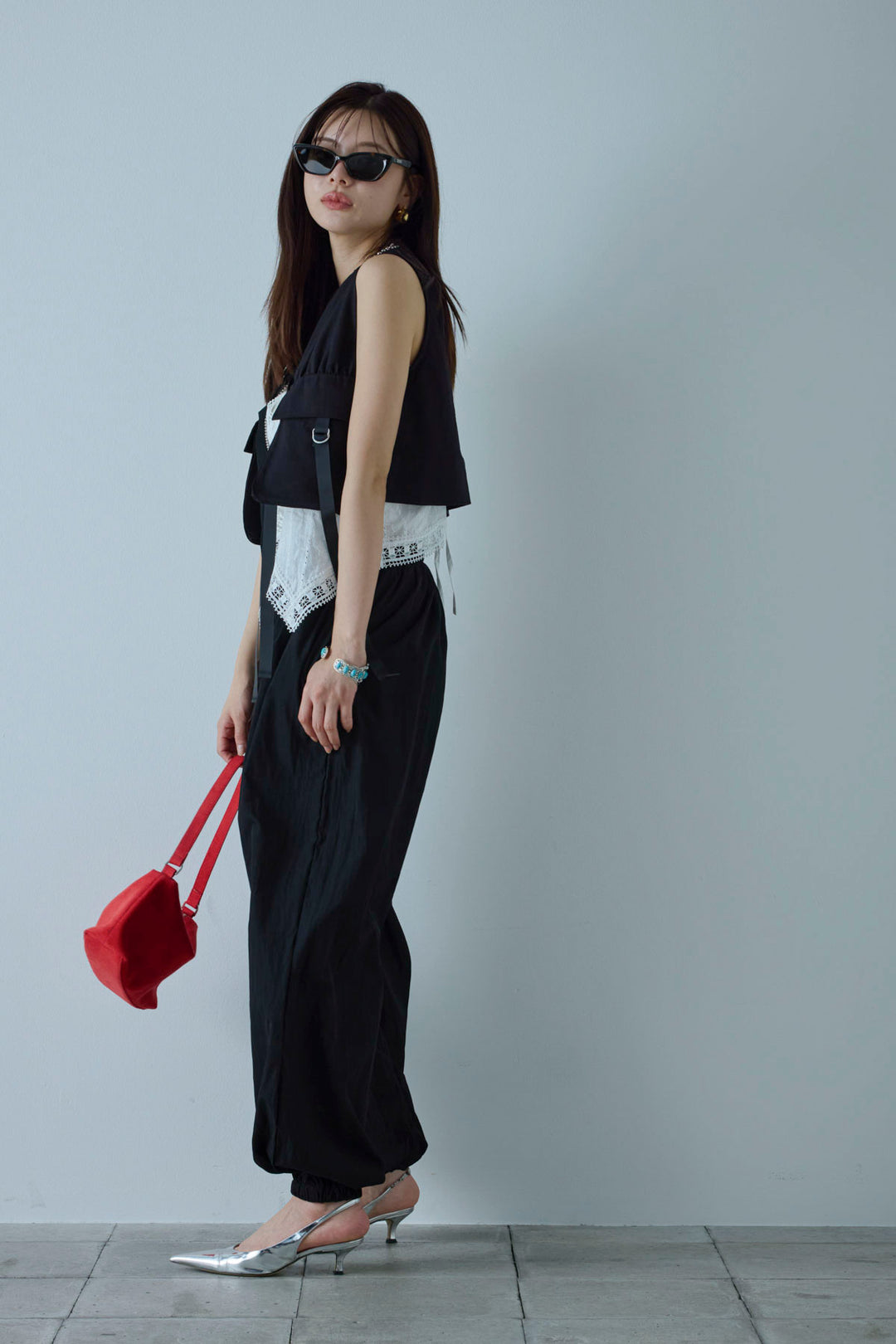 [予約/SET]デザインポケットベスト+トーションレースコットンキャミ+リブ切り替えタンクトップ+かすれシアーイージーパンツ(4set)