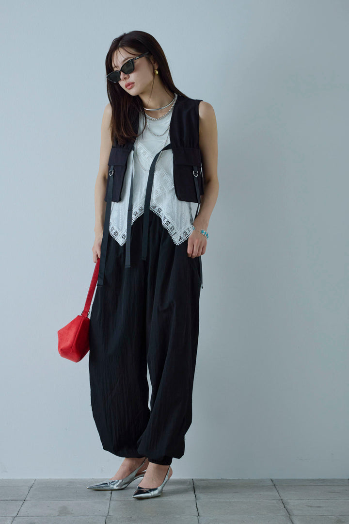 [予約/SET]トーションレースコットンキャミ+デザインポケットベスト+かすれシアーイージーパンツ(3set)