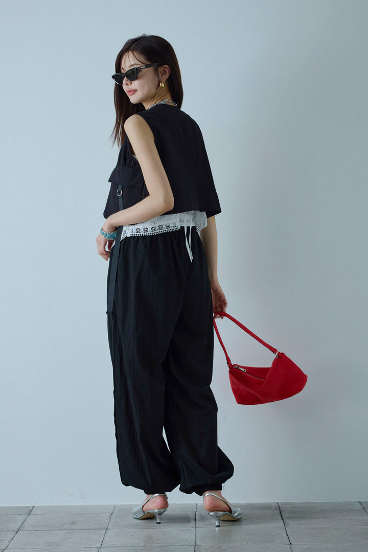 [予約/SET]デザインポケットベスト+トーションレースコットンキャミ+リブ切り替えタンクトップ+かすれシアーイージーパンツ(4set)