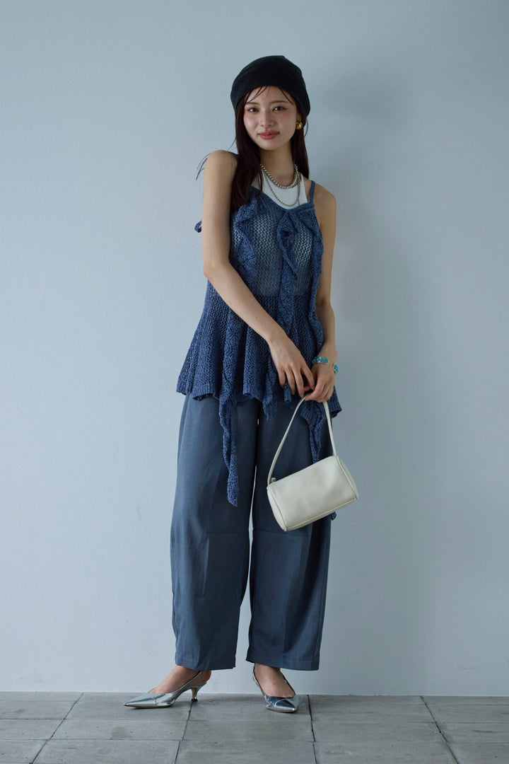 [予約/SET]メッシュフリルニットキャミ+カーブパンツ(2set)