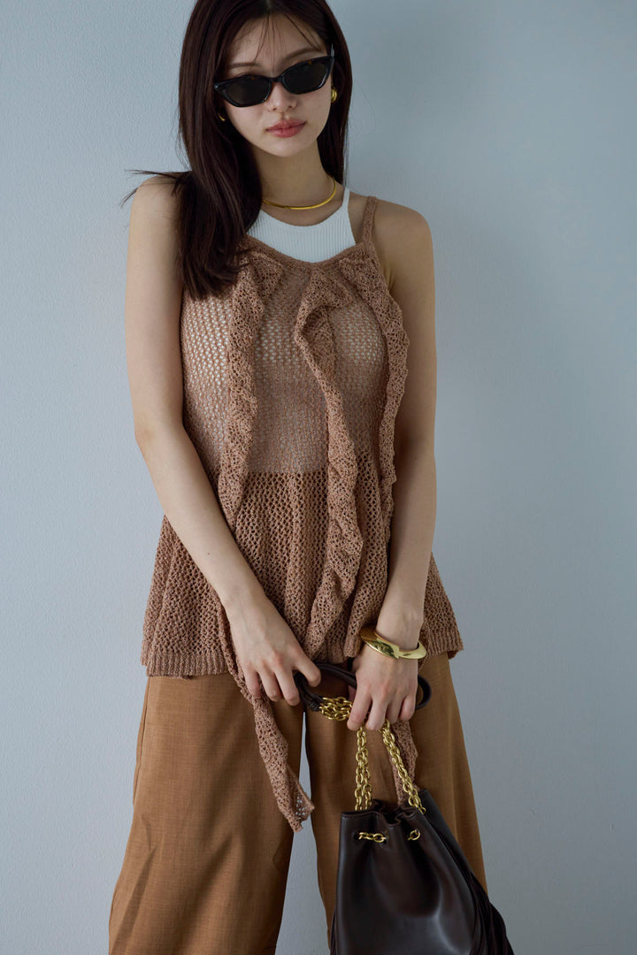 [予約/SET]メッシュフリルニットキャミ+カーブパンツ(2set)