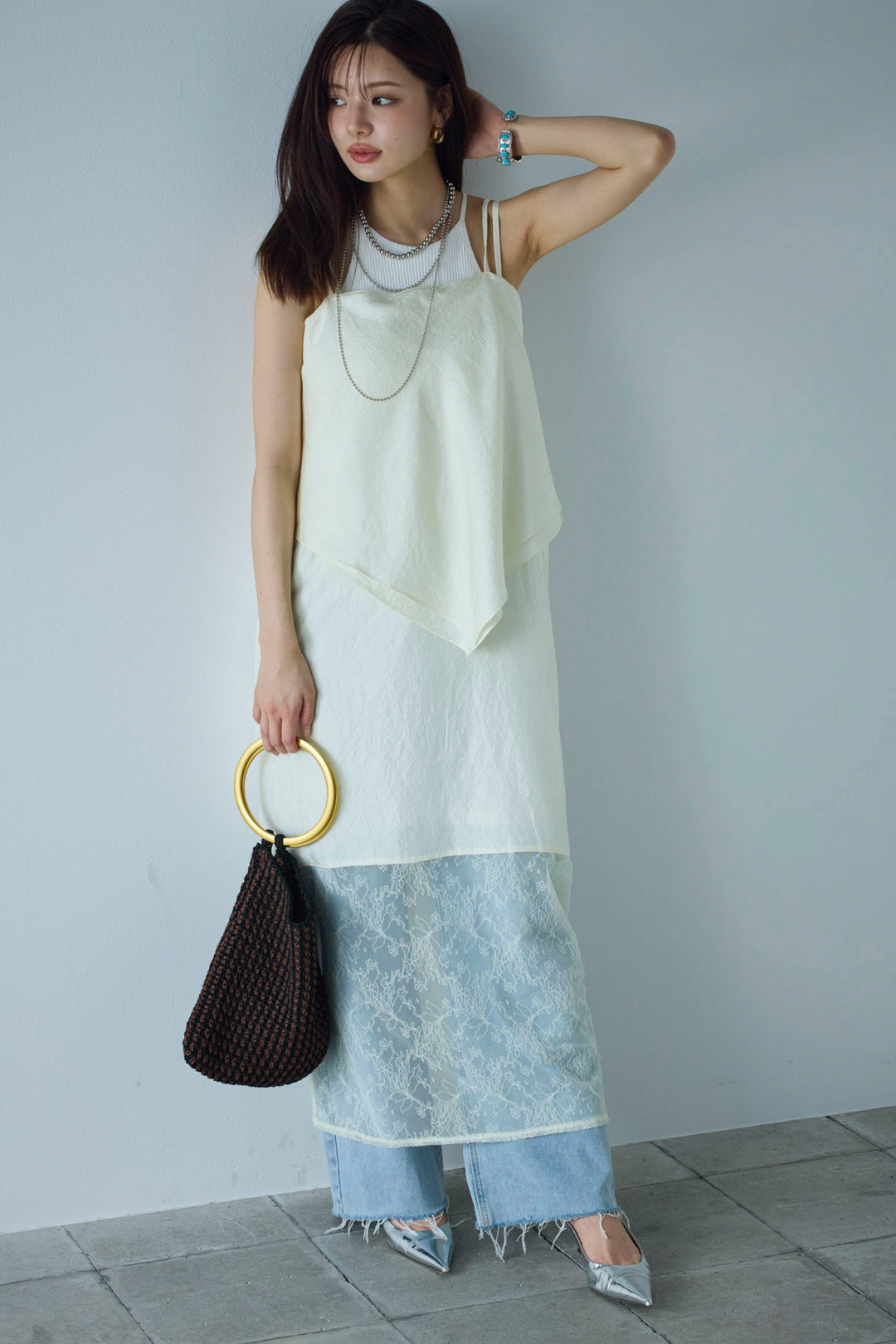 [予約/SET]スカーフ風バックリボンキャミソール+レース切り替えOP(2set)