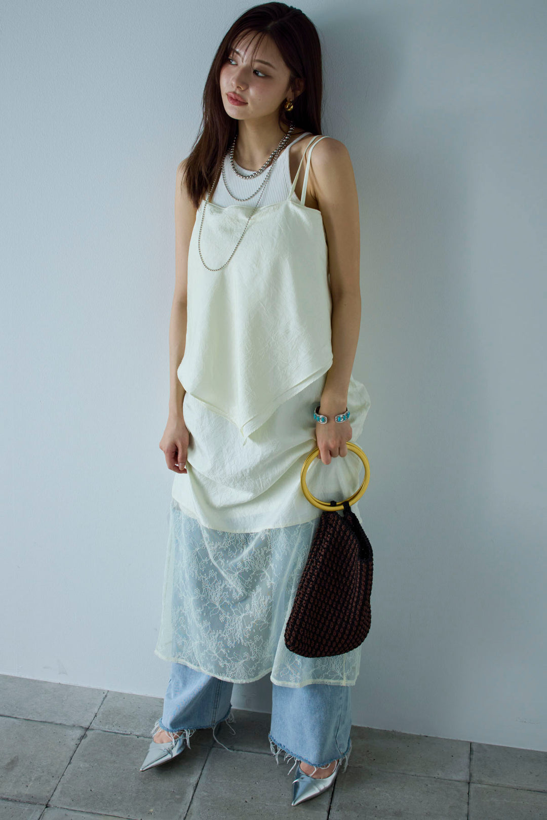 [予約/SET]スカーフ風バックリボンキャミソール+レース切り替えOP(2set)