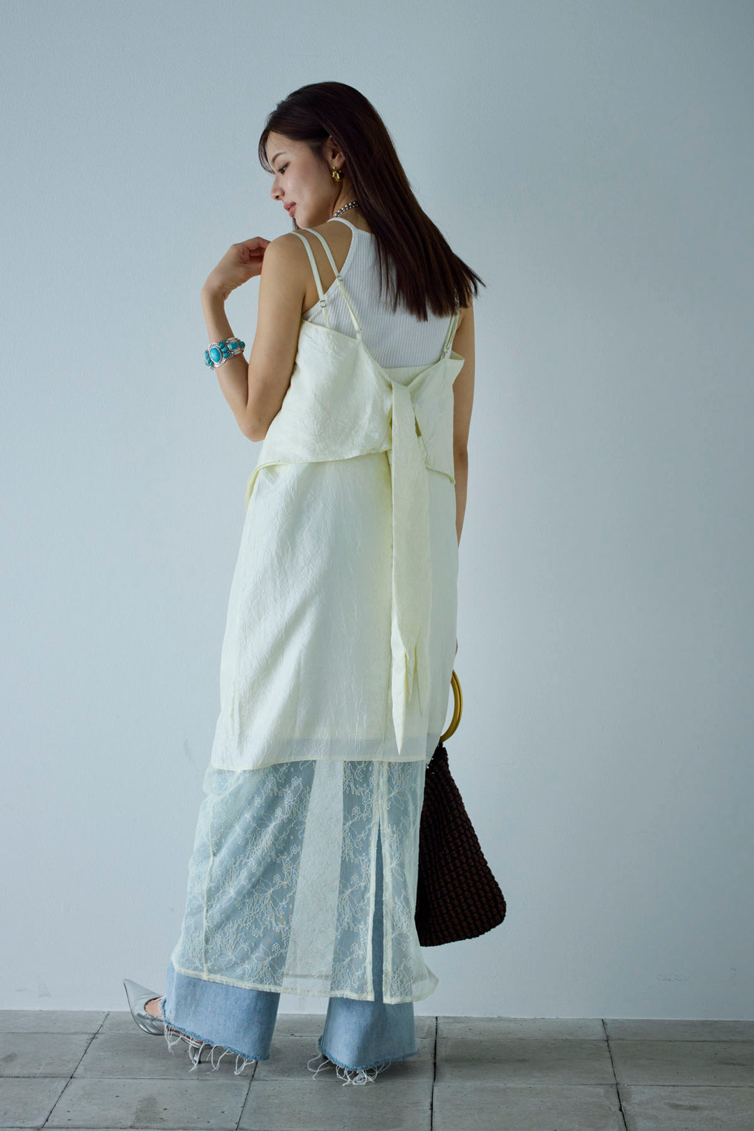 [予約/SET]スカーフ風バックリボンキャミソール+レース切り替えOP(2set)