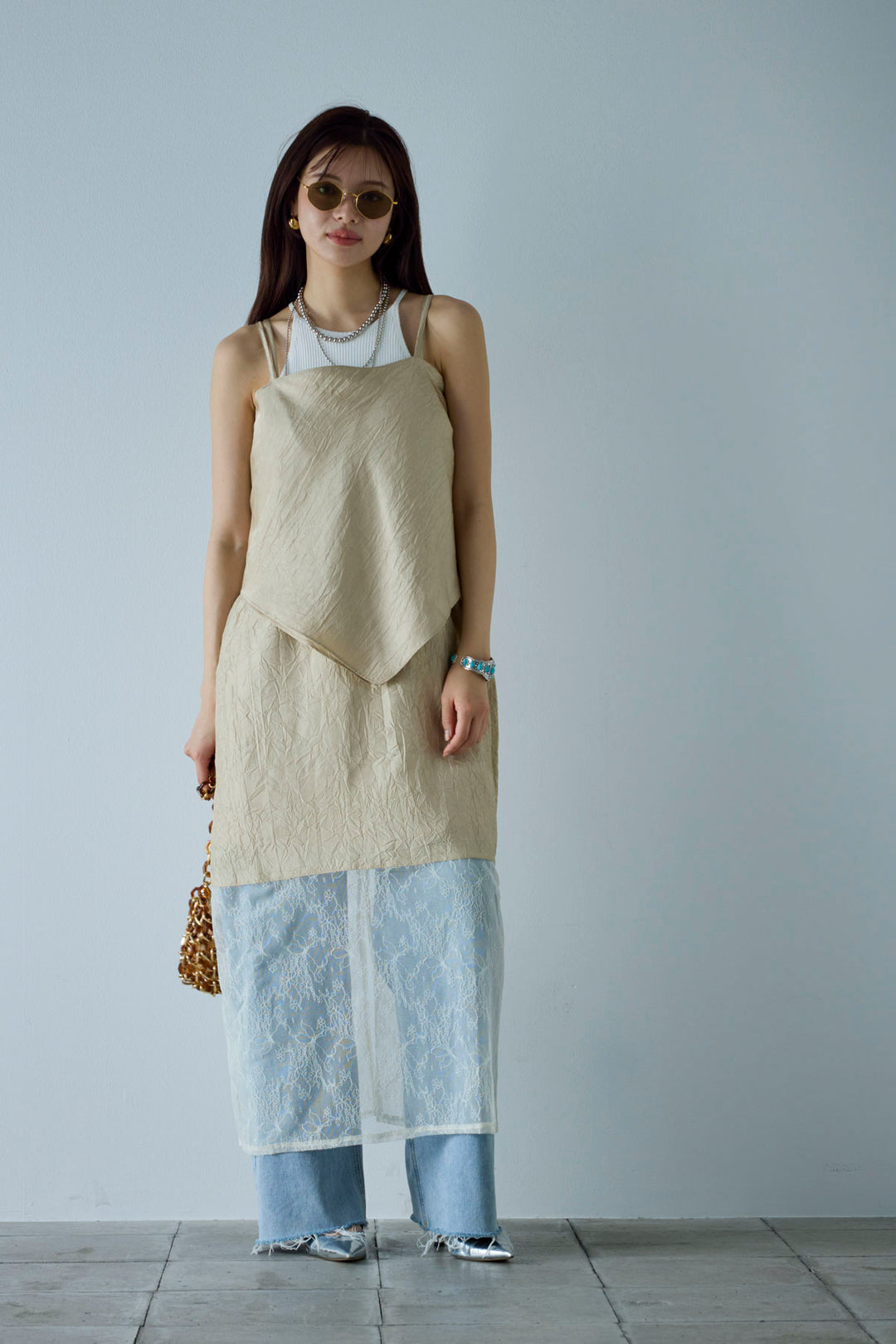 [予約/SET]スカーフ風バックリボンキャミソール+レース切り替えOP(2set)