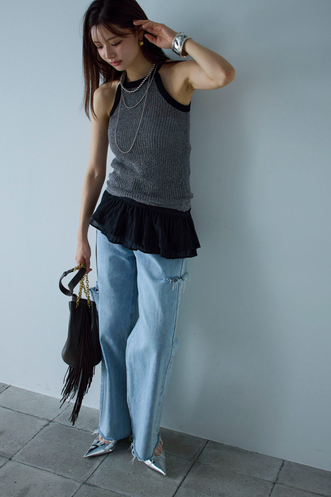 [予約/SET]ミニループアメスリタンク+フリルラップベルト+サイドスラッシュデニム(3set)