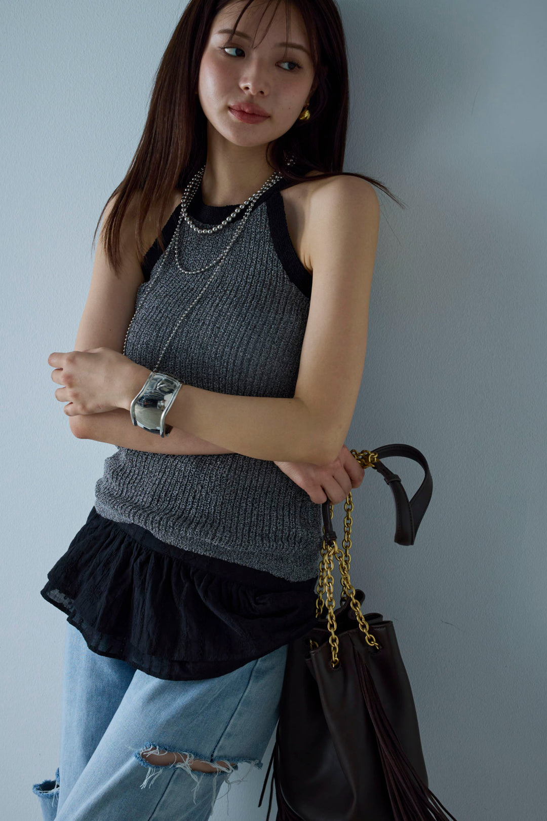 [予約/SET]ミニループアメスリタンク+サイドスラッシュデニム(2set)