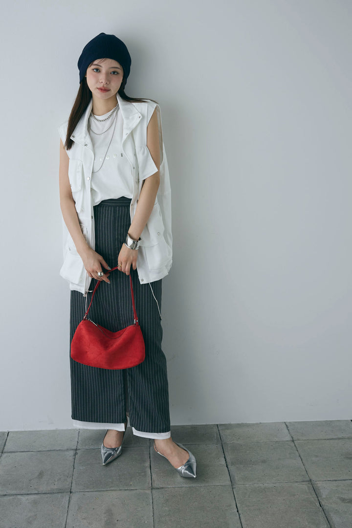 [予約/SET]スタンドネックサテンベスト+ストライプストレートスカート(2set)