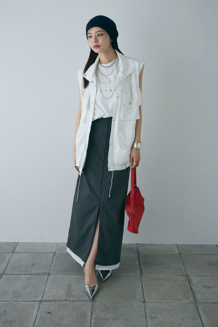 [予約/SET]スタンドネックサテンベスト+ストライプストレートスカート(2set)