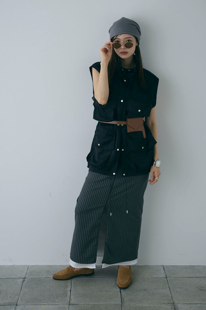 [予約/SET]スタンドネックサテンベスト+ストライプストレートスカート(2set)