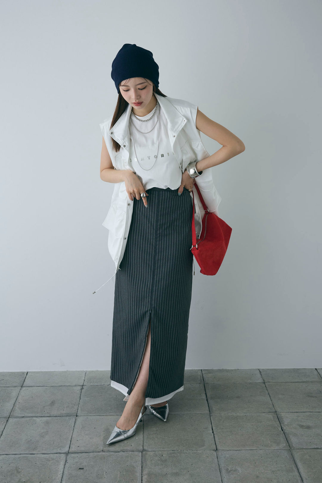 [予約/SET]スタンドネックサテンベスト+ストライプストレートスカート(2set)