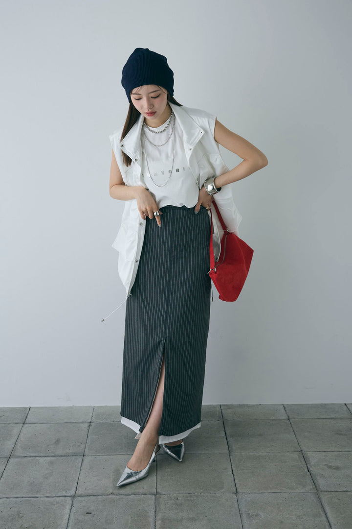 [予約/SET]スタンドネックサテンベスト+ストライプストレートスカート(2set)